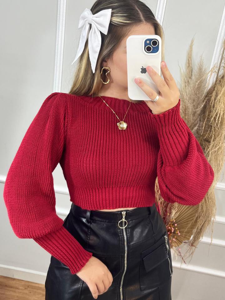 Cropped Manga Bufante Tricô Tricot Blusa de Frio Inverno