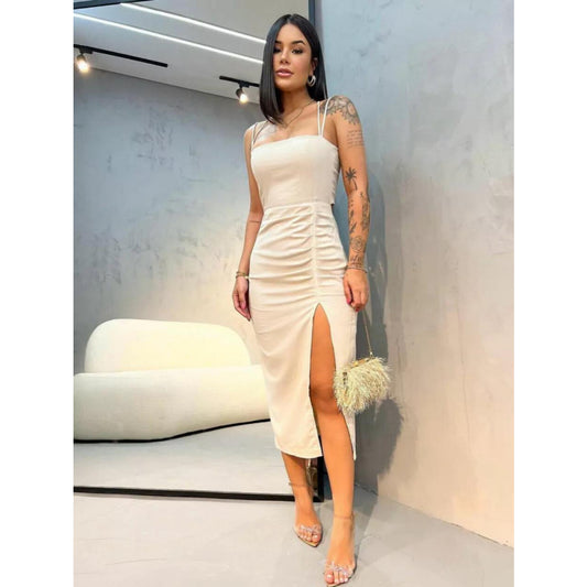 Vestido Midi Linho Feminino Luxo Amarração nas Costas Drapeado C/ Alcinha Verão