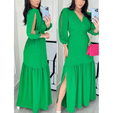 Vestido manga 3/4 com fenda longo feminino tecido Duna e viscolinho abertura nas Manga.