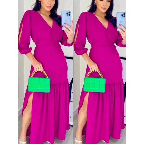 Vestido manga 3/4 com fenda longo feminino tecido Duna e viscolinho abertura nas Manga.