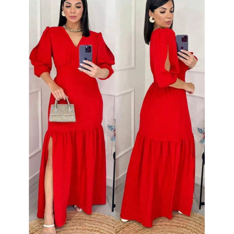 Vestido manga 3/4 com fenda longo feminino tecido Duna e viscolinho abertura nas Manga.