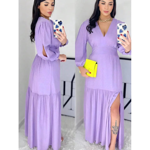 Vestido manga 3/4 com fenda longo feminino tecido Duna e viscolinho abertura nas Manga.