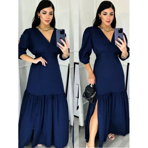 Vestido manga 3/4 com fenda longo feminino tecido Duna e viscolinho abertura nas Manga.