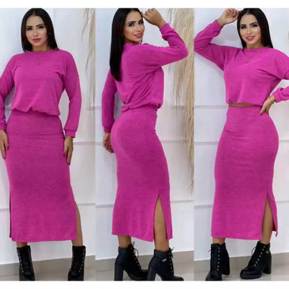 Conjunto Blusa e Saia Moda Feminina Cropped Midi Blogueira Saia Longa Inverno Lanzinha Fenda Laterais