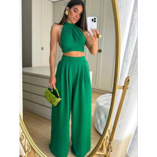 Conjunto Naia DUNA – Cropped com Gola Alta e Calça Pantalona