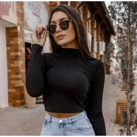 Kit 3 Croppeds Canelados Gola Alta Manga Longa Feminina Moda Gringa Elegante Mulher