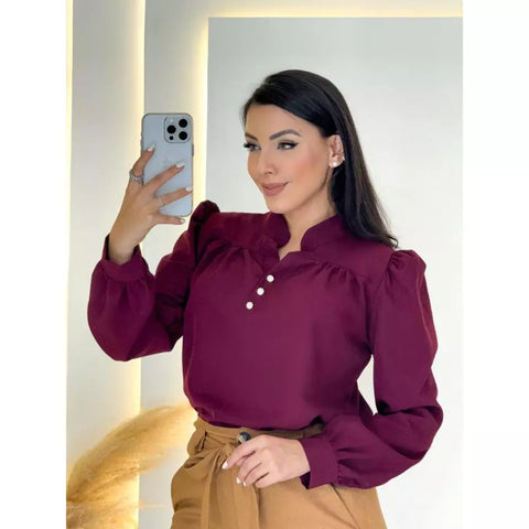 Blusa Feminina Manga Longa Social Elegante Botões