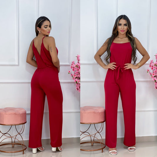 Macacão Longo Liso Moda Blogueira com Ajuste na Cintura e Gola V