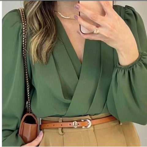 Blusa Feminina Manga Longa Transpassada Decote V - Tecido Duna