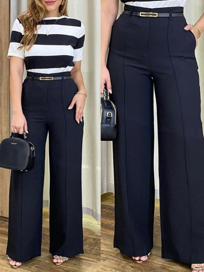 Calça Feminina Pantalona Alfaiataria Elegante com Cinto e Bolsos