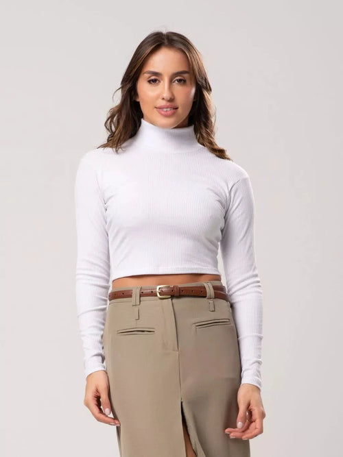 Cropped Manga Comprida Gola Alta Canelado Simples Glamour