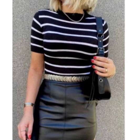 Blusa Feminina Modal Listrada Manga Curta Casual Social
