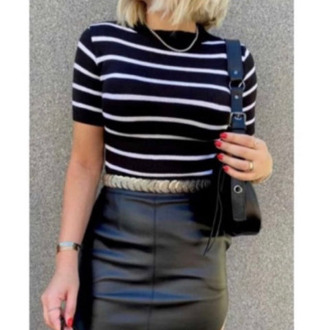 Blusa Feminina Modal Listrada Manga Curta Casual Social