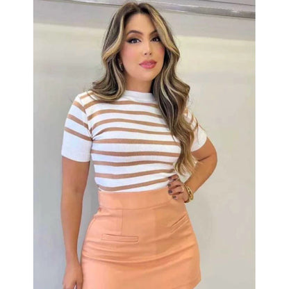 Blusa Feminina Modal Listrada Manga Curta Casual Social
