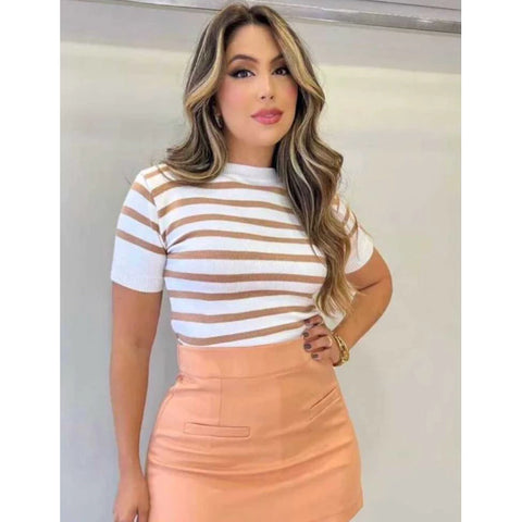 Blusa Feminina Modal Listrada Manga Curta Casual Social