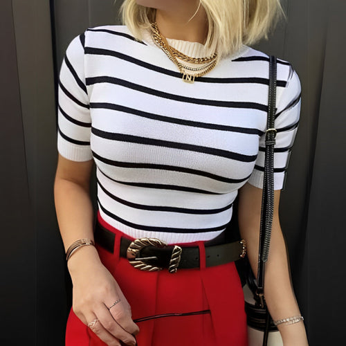 Blusa Feminina Modal Listrada Manga Curta Casual Social Simples Glamour