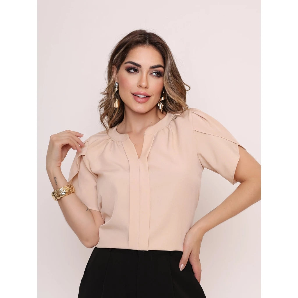 Blusa Feminina Manga Pétala em Tecido Duna com Decote V