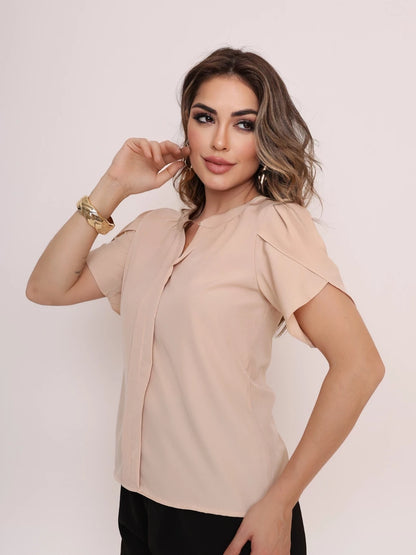Blusa Feminina Manga Pétala em Tecido Duna com Decote V