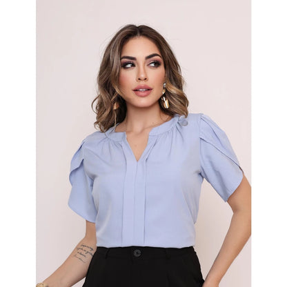 Blusa Feminina Manga Pétala em Tecido Duna com Decote V