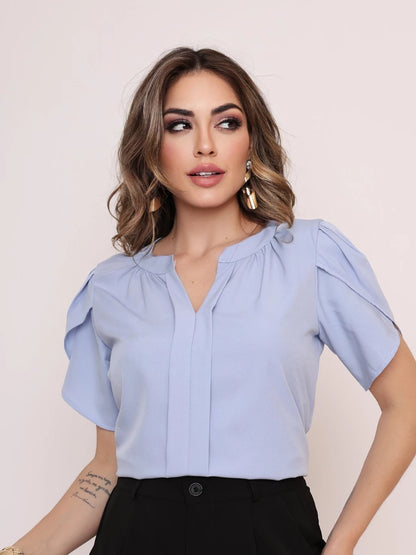 Blusa Feminina Manga Pétala em Tecido Duna com Decote V