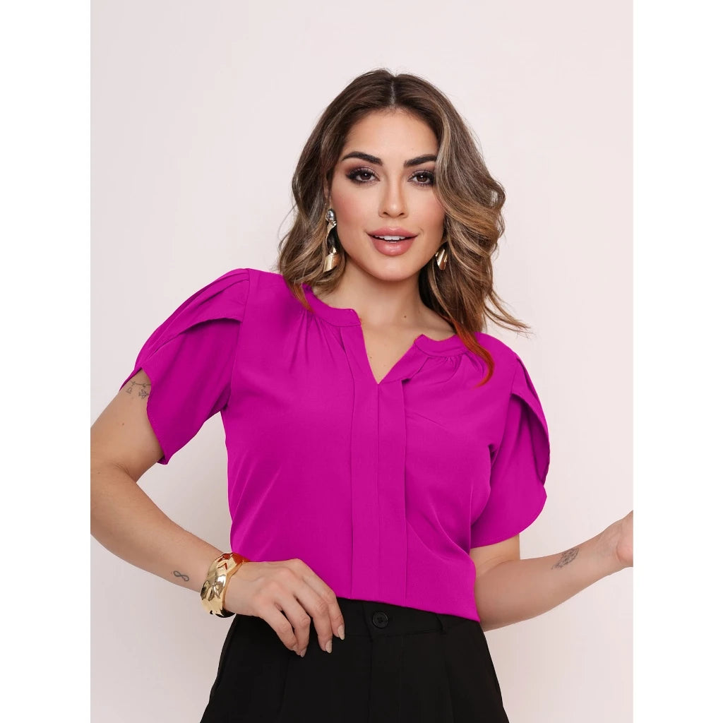 Blusa Feminina Manga Pétala em Tecido Duna com Decote V