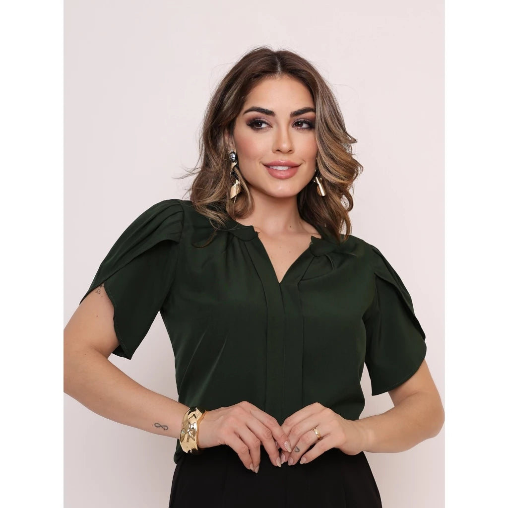 Blusa Feminina Manga Pétala em Tecido Duna com Decote V