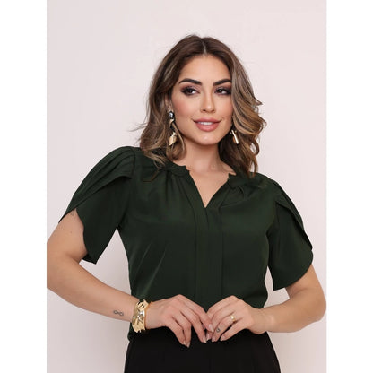 Blusa Feminina Manga Pétala em Tecido Duna com Decote V