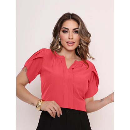 Blusa Feminina Manga Pétala em Tecido Duna com Decote V
