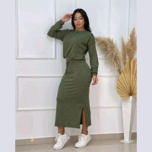 Conjunto Blusa e Saia Moda Feminina Cropped Midi Blogueira Saia Longa Inverno Lanzinha Fenda Laterais