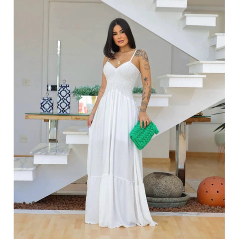 Vestido Feminino Longo com Alça Ajustável e Decote V