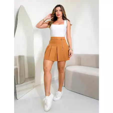 Saia Feminina Alfaiataria Giovana Plissado Cintura Alta com Forro