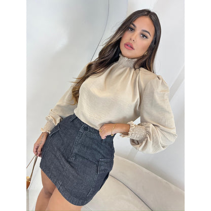 Blusa Manga Longa Princesa Bufante com Lastex - Tecido Duna