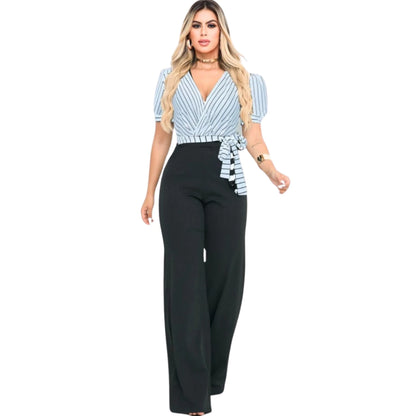 Macacão Feminino Listrado Manga Curta Pantalona Social em Malha Canelada