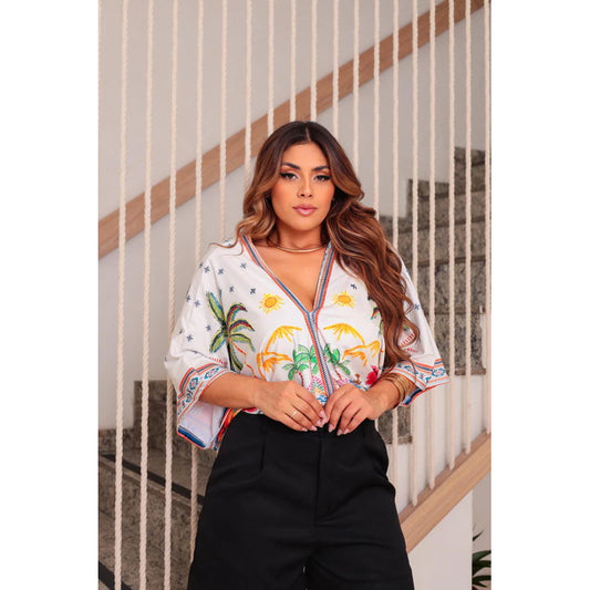 Body Patricinha Tropical Manga Morcego Estampado