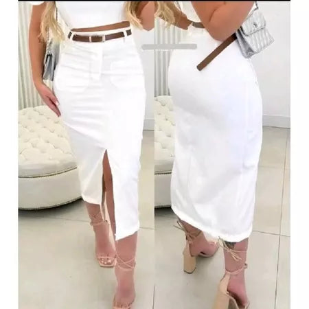 Saia Midi Alfaiataria Feminina com Cinto e Bolsos