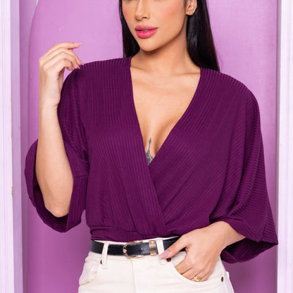 Cropped Transpassado Feminino Decote V Manga Morcego