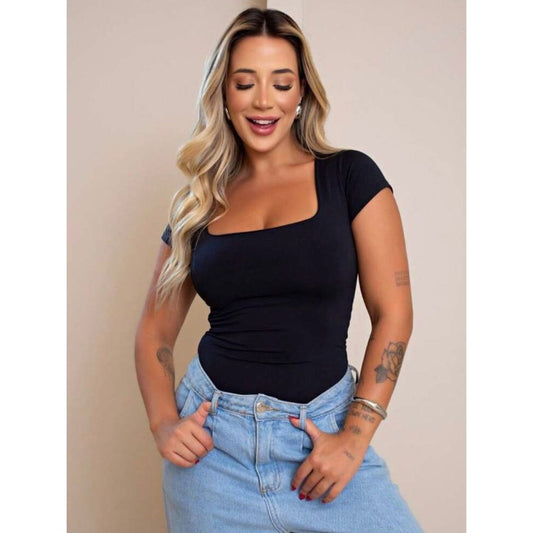 Blusa Básica Feminina Baby Look Decote Quadrado Casual