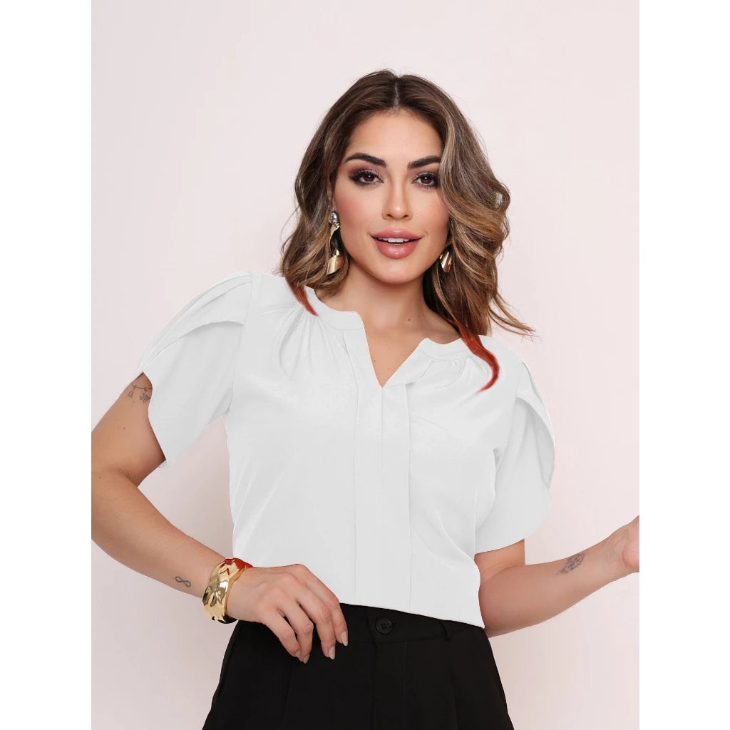 Blusa Feminina Manga Pétala em Tecido Duna com Decote V