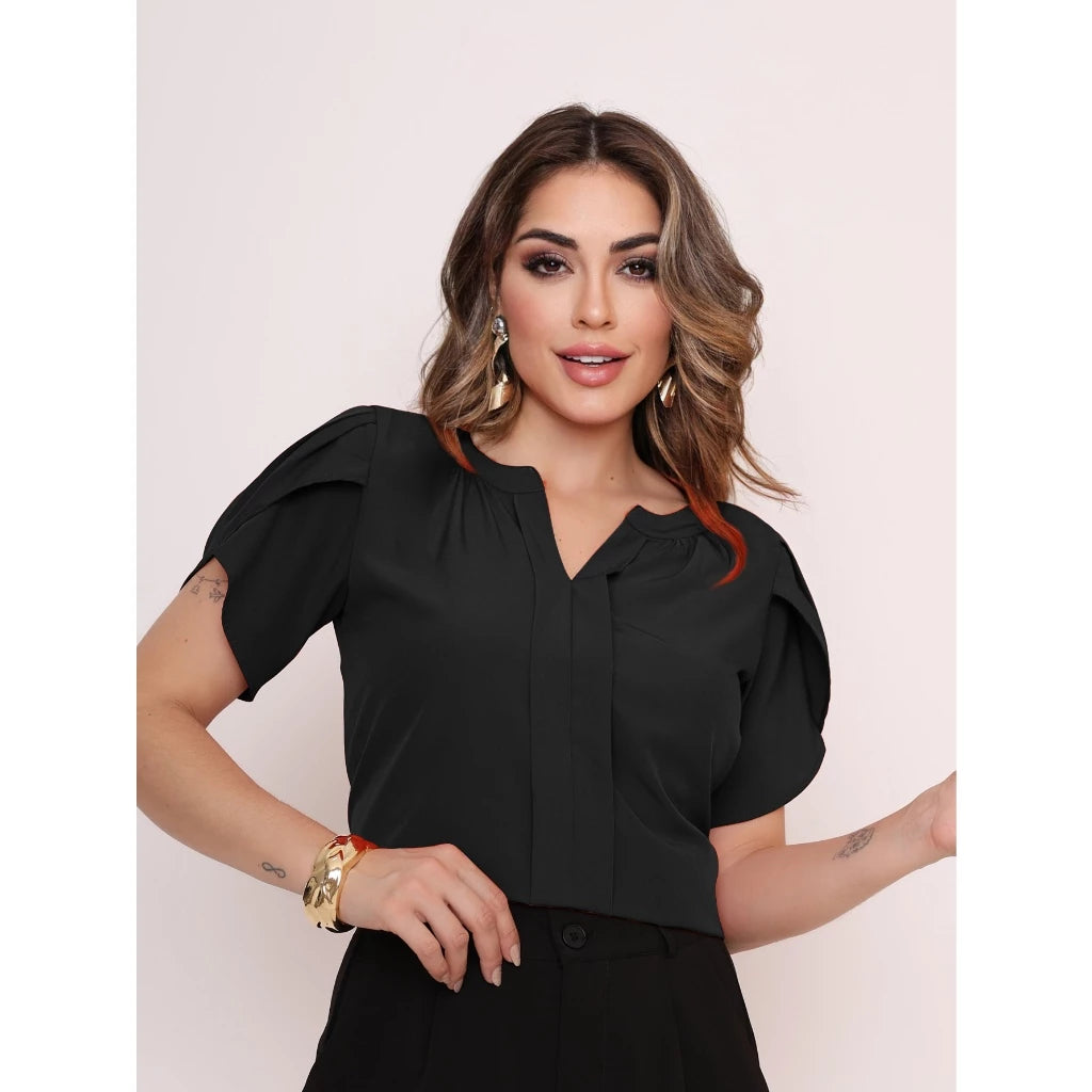 Blusa Feminina Manga Pétala em Tecido Duna com Decote V