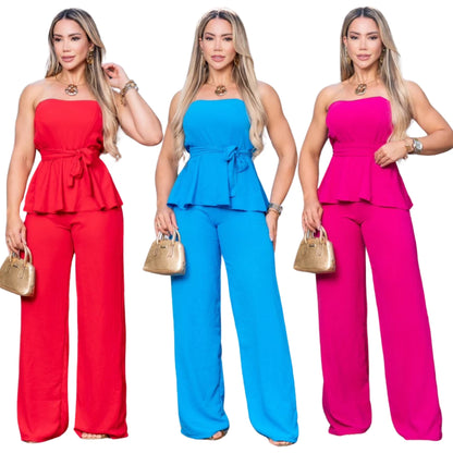 Conjunto Feminino Luxo Calça Pantalona e Blusa Tomara que Caia