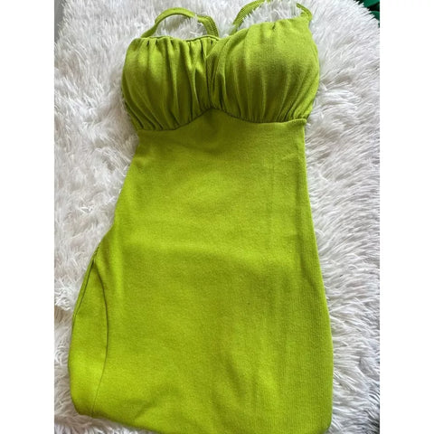 Vestido Feminino Mídi Com Alças Finas Com Fenda Lateral Malha Ribana Canelada Tendencia Verão