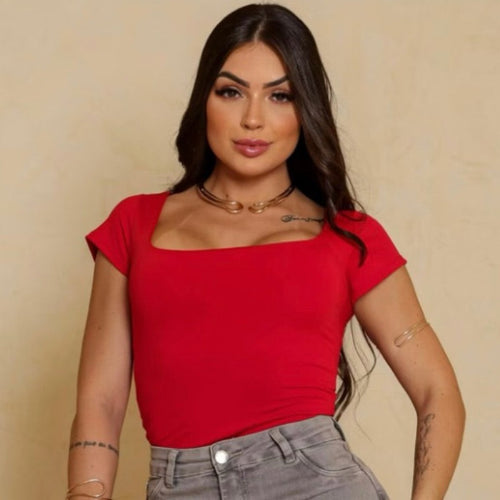 Blusa Básica Feminina Baby Look Decote Quadrado Casual Simples Glamour