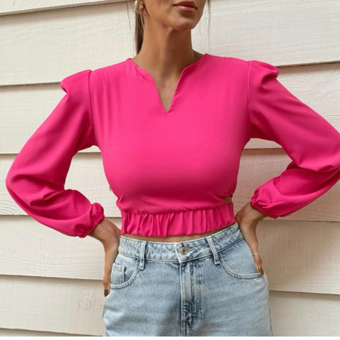 Cropped Feminina Casual Elegante Manga Longa Bufante