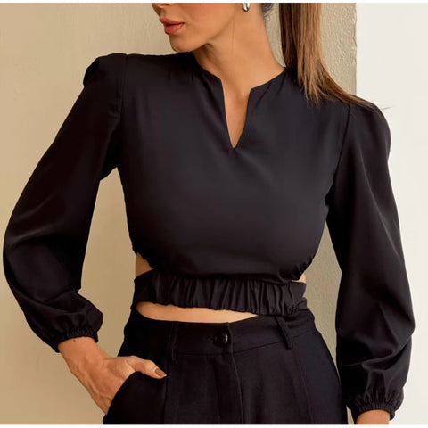 Cropped Feminina Casual Elegante Manga Longa Bufante