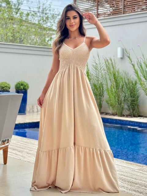 Vestido Feminino Longo com Alça Ajustável e Decote V