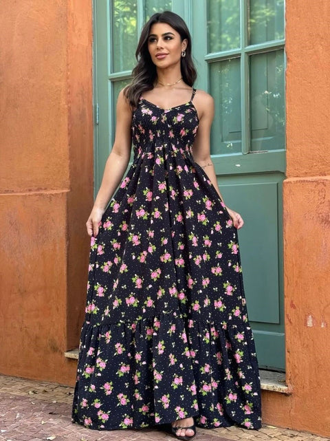 Vestido Feminino Longo com Alça Ajustável e Decote V