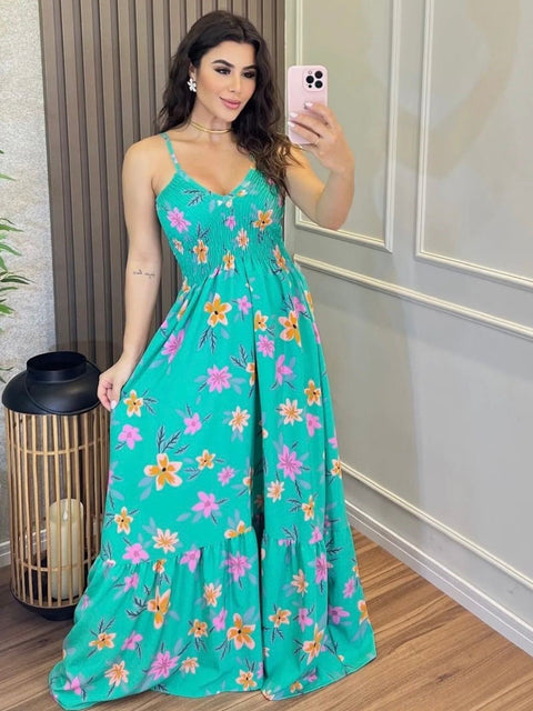 Vestido Feminino Longo com Alça Ajustável e Decote V