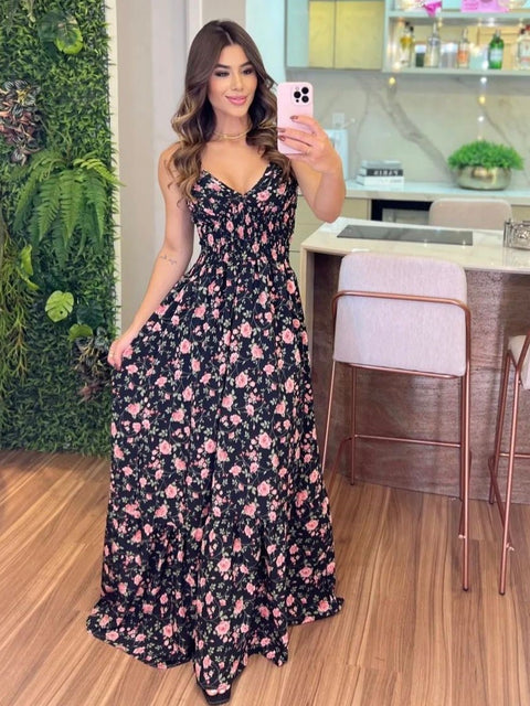 Vestido Feminino Longo com Alça Ajustável e Decote V
