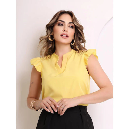 Blusa Feminina com Babado e Decote V Entalhado