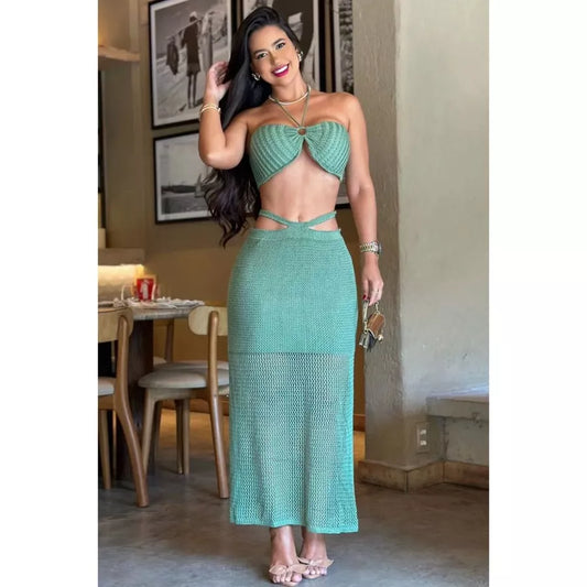 Conjunto Feminino Tricot Cropped e Saia Midi Tricô Modal Conjunto  Trico